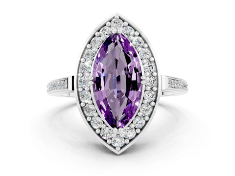 White gold Marquise Cut Amethyst Halo Ring with Split Shank and Four-Prong Setting