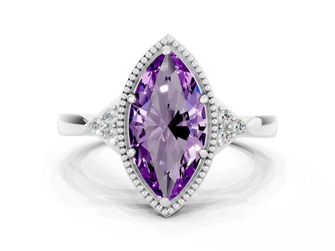 White gold Marquise Cut Amethyst Halo Ring with Tapered Band and Four-Prong Setting
