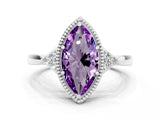 White gold Marquise Cut Amethyst Halo Ring with Tapered Band and Four-Prong Setting
