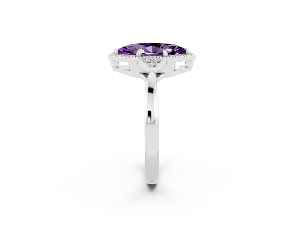 White gold Marquise Cut Amethyst Halo Ring with Tapered Band and Four-Prong Setting