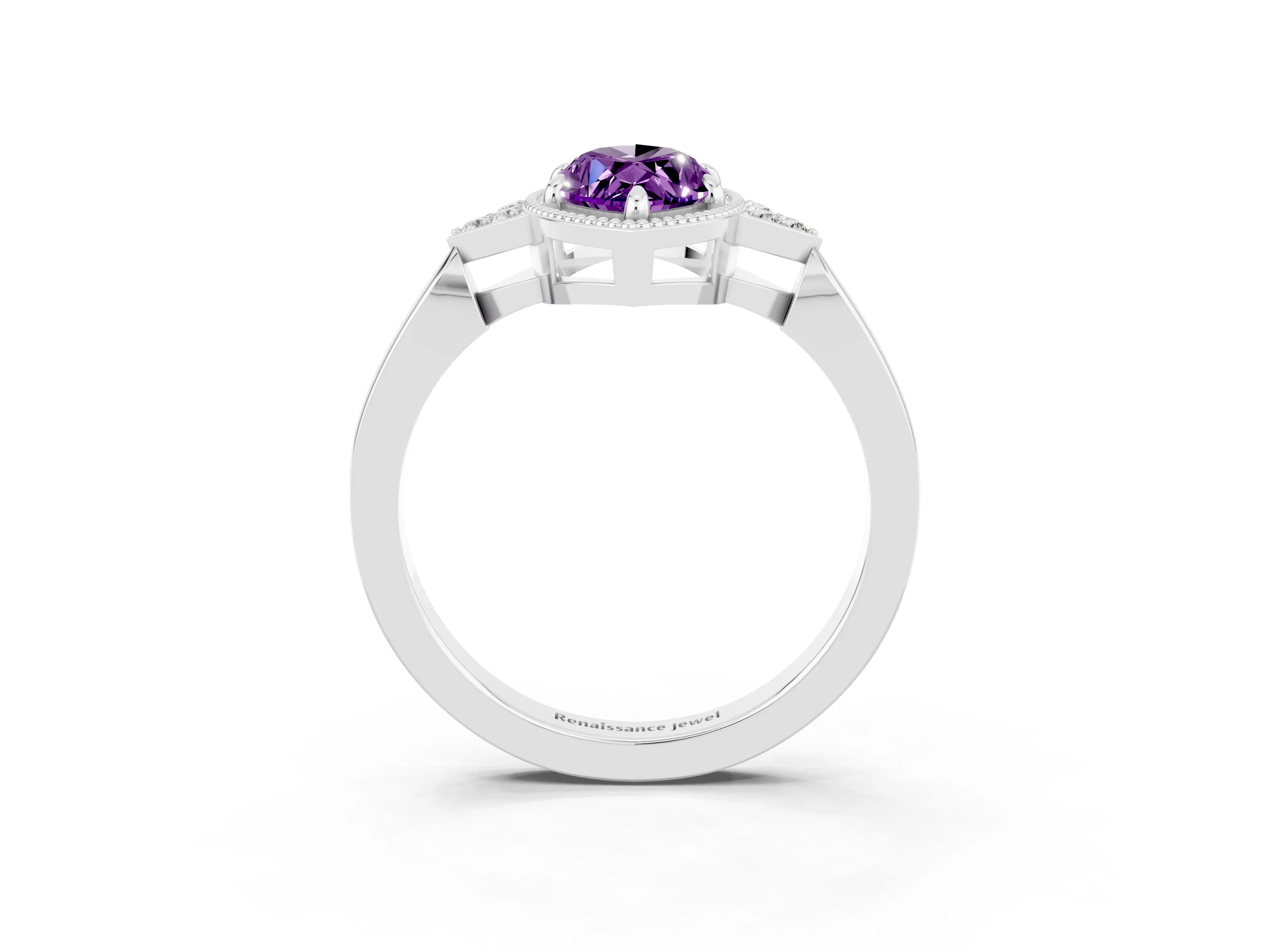 White gold Marquise Cut Amethyst Halo Ring with Tapered Band and Four-Prong Setting_3