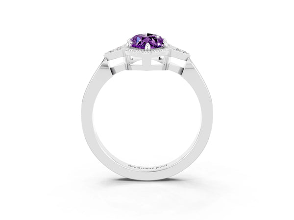 Platinum Marquise Cut Amethyst Halo Ring with Tapered Band and Four-Prong Setting