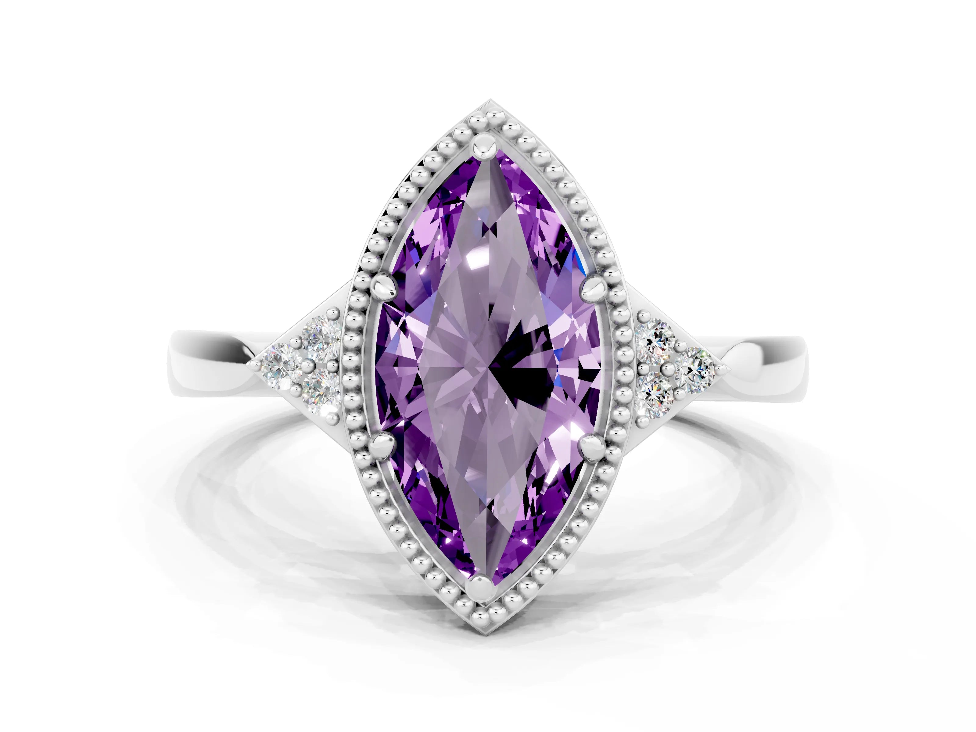 White gold Marquise Cut Amethyst Halo Ring with Tapered Band and Four-Prong Setting
