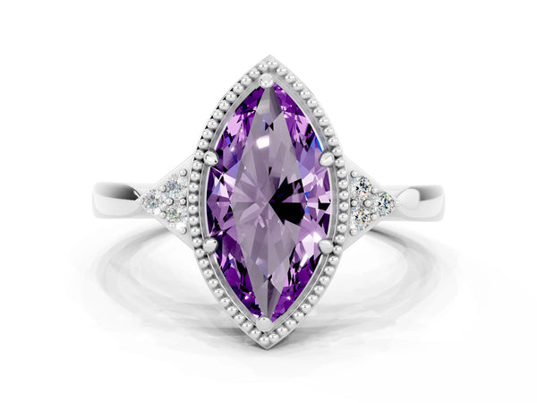 White gold Marquise Cut Amethyst Halo Ring with Tapered Band and Four-Prong Setting