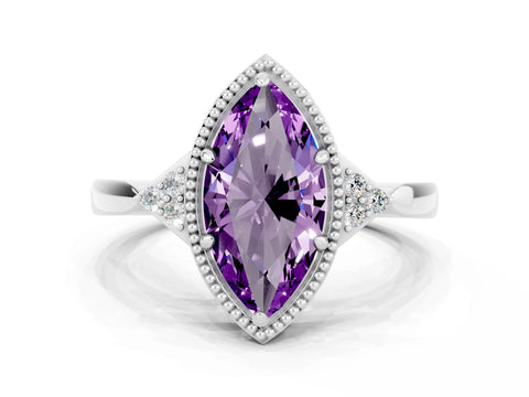 White gold Marquise Cut Amethyst Halo Ring with Tapered Band and Four-Prong Setting