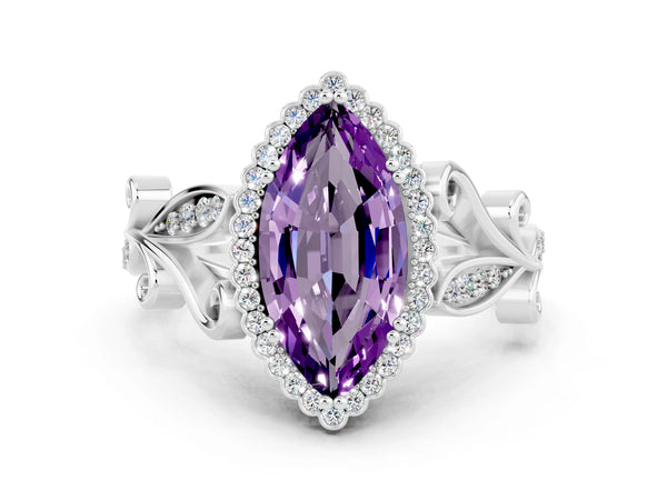 White gold Marquise Cut Amethyst Halo Ring with Vintage Split Shank and Four-Prong Setting