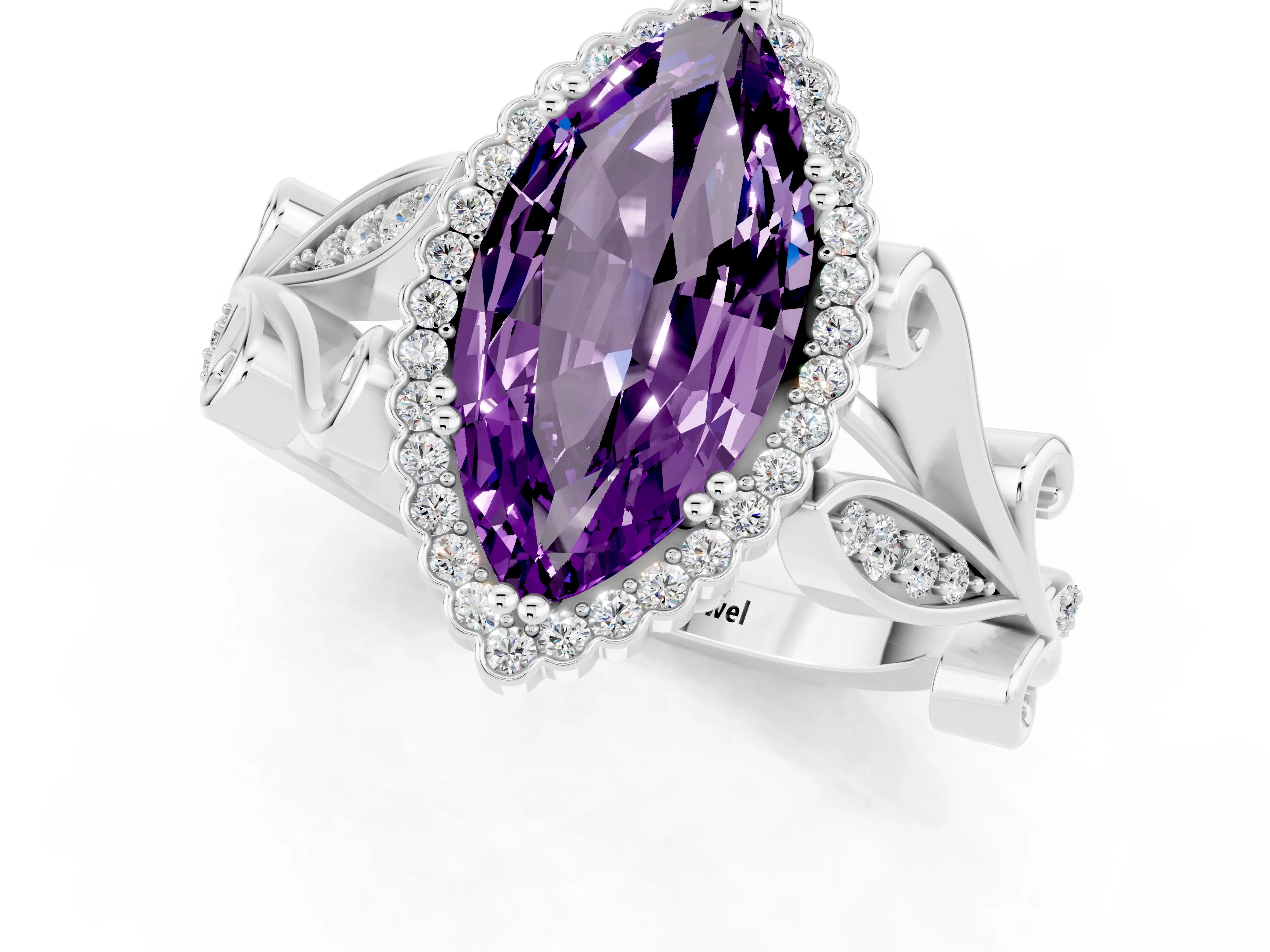 White gold Marquise Cut Amethyst Halo Ring with Vintage Split Shank and Four-Prong Setting_43