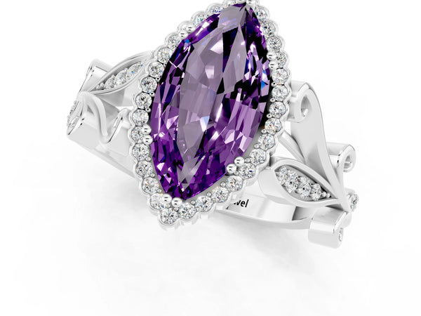 White gold Marquise Cut Amethyst Halo Ring with Vintage Split Shank and Four-Prong Setting