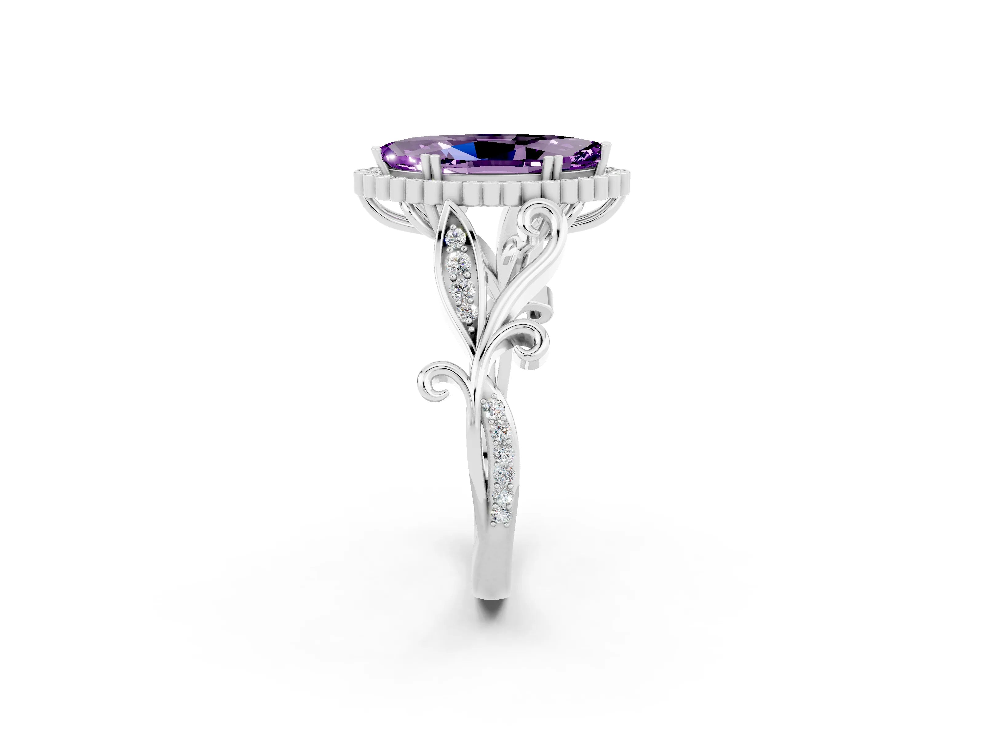 White gold Marquise Cut Amethyst Halo Ring with Vintage Split Shank and Four-Prong Setting_44