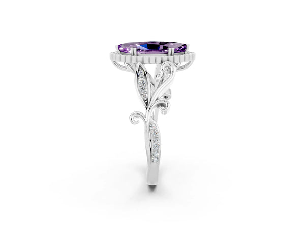 White gold Marquise Cut Amethyst Halo Ring with Vintage Split Shank and Four-Prong Setting