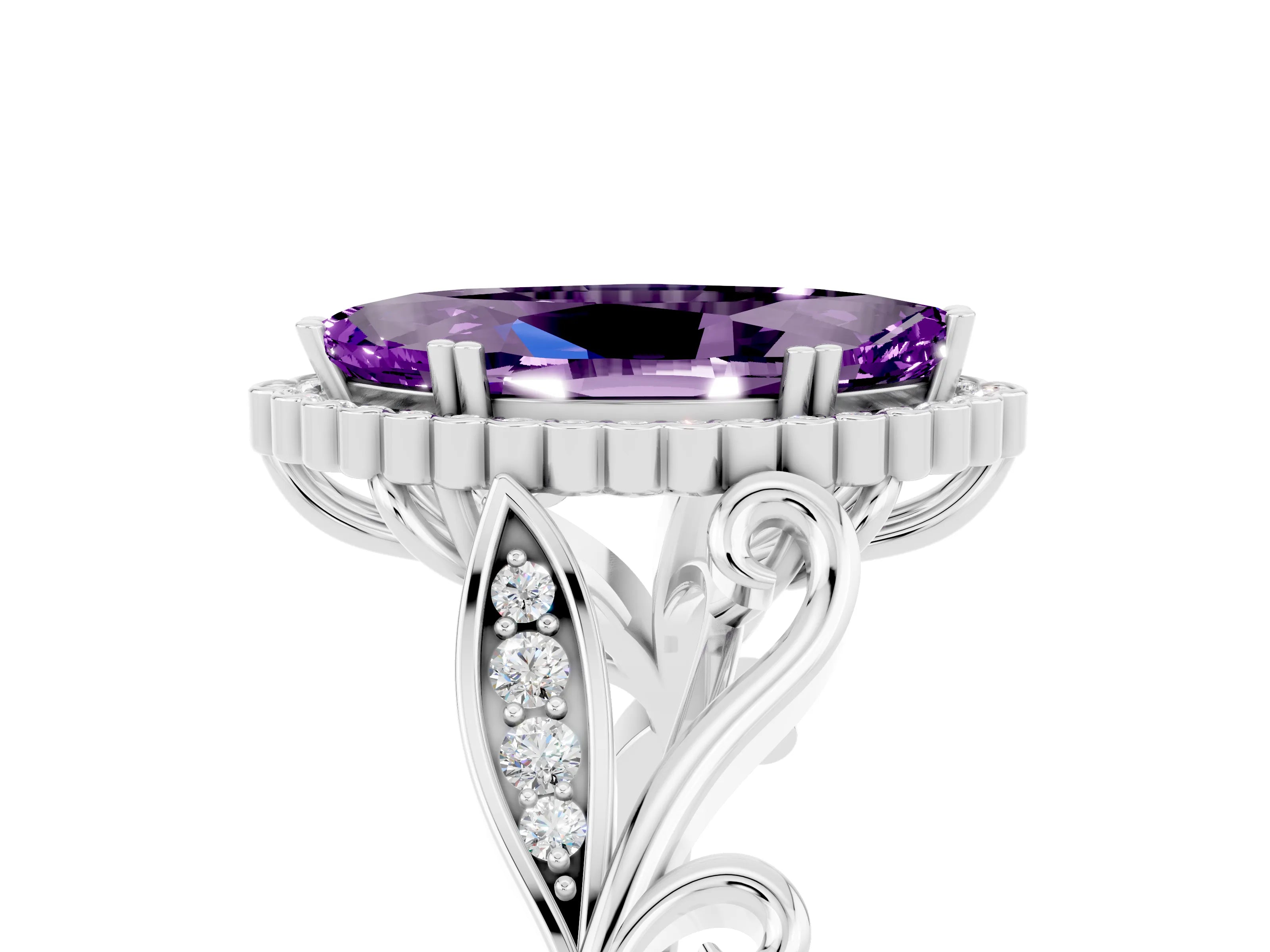White gold Marquise Cut Amethyst Halo Ring with Vintage Split Shank and Four-Prong Setting_47