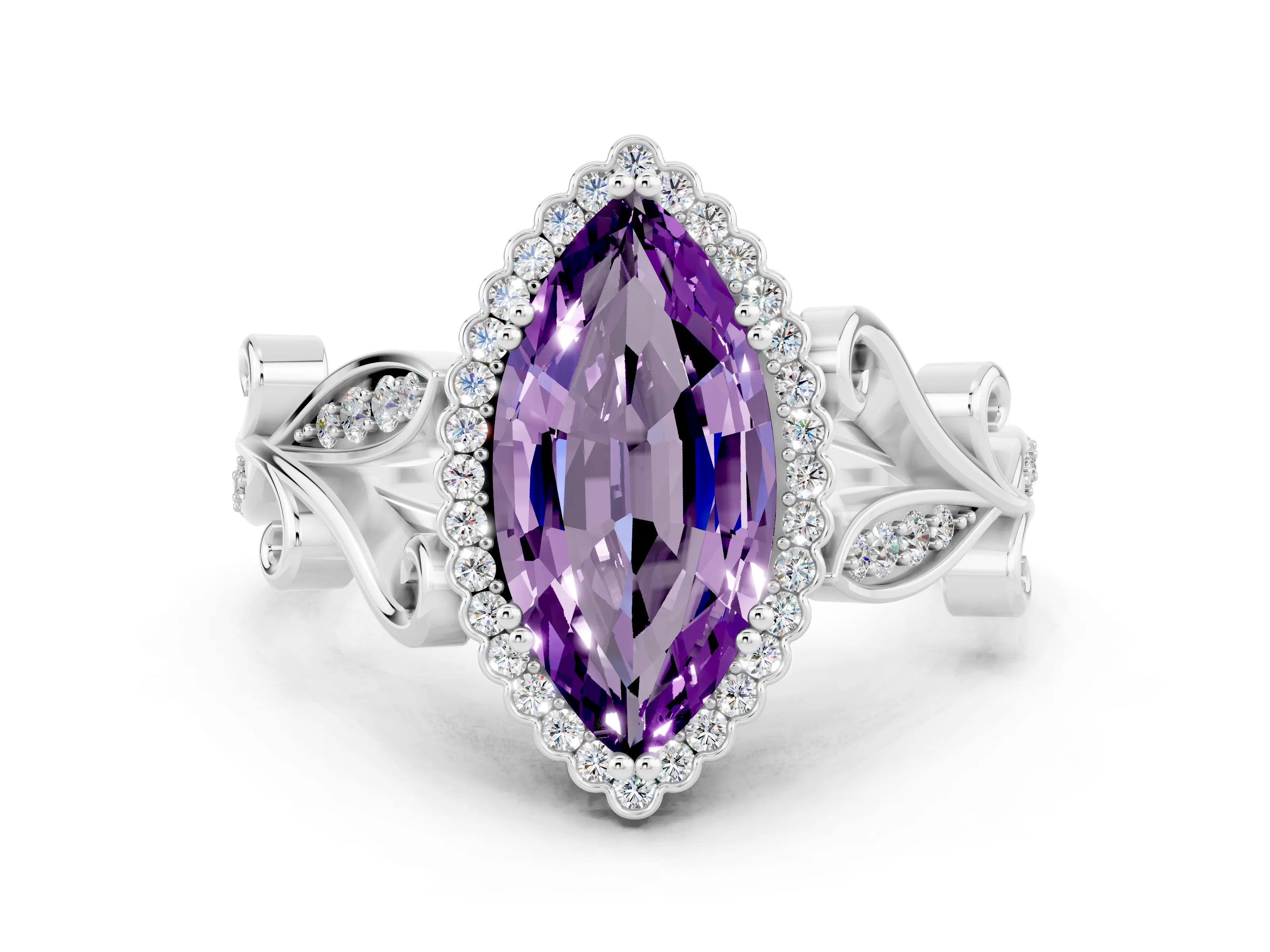 White gold Marquise Cut Amethyst Halo Ring with Vintage Split Shank and Four-Prong Setting_48