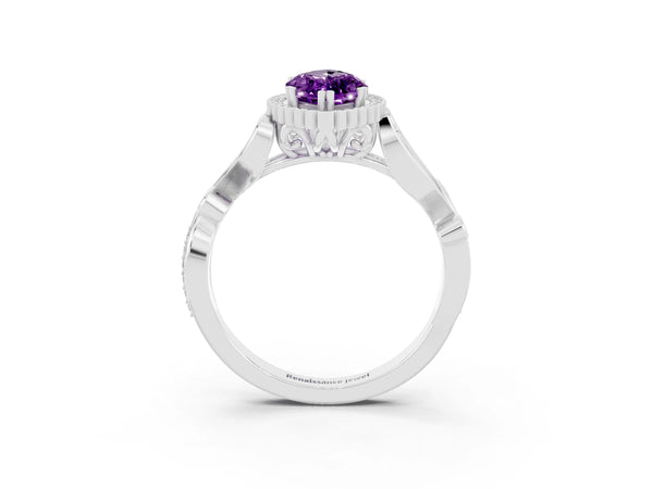 Platinum Marquise Cut Amethyst Halo Ring with Vintage Split Shank and Four-Prong Setting