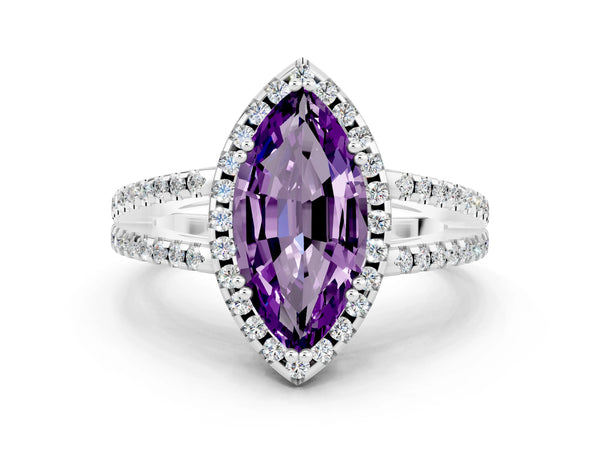 Platinum Marquise Cut Amethyst Halo Split Shank Engagement Ring