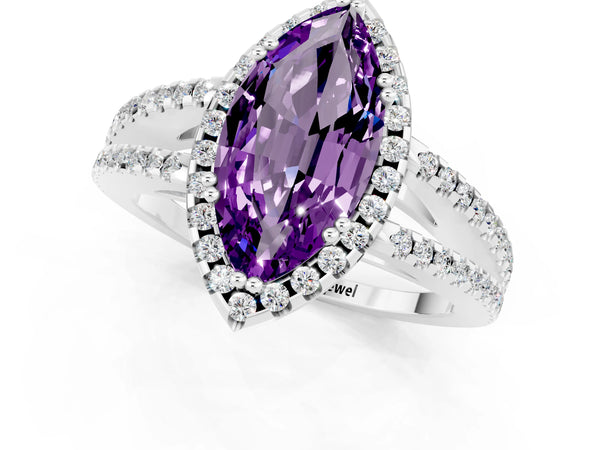 Silver Marquise Cut Amethyst Halo Split Shank Engagement Ring