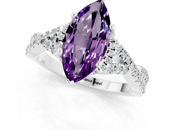 Platinum Marquise Cut Amethyst  Halo Twist Band Solitaire Prong Setting Ring