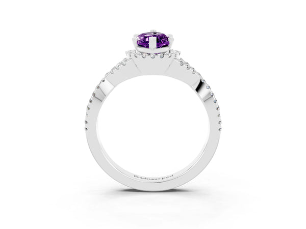 Platinum Marquise Cut Amethyst  Halo Twist Band Solitaire Prong Setting Ring