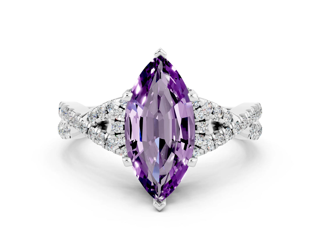 White gold Marquise Cut Amethyst  Halo Twist Band Solitaire Prong Setting Ring_48