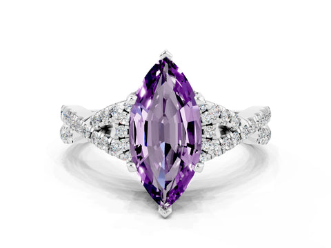 White gold Marquise Cut Amethyst Halo Twist Band Solitaire Prong Setting Ring
