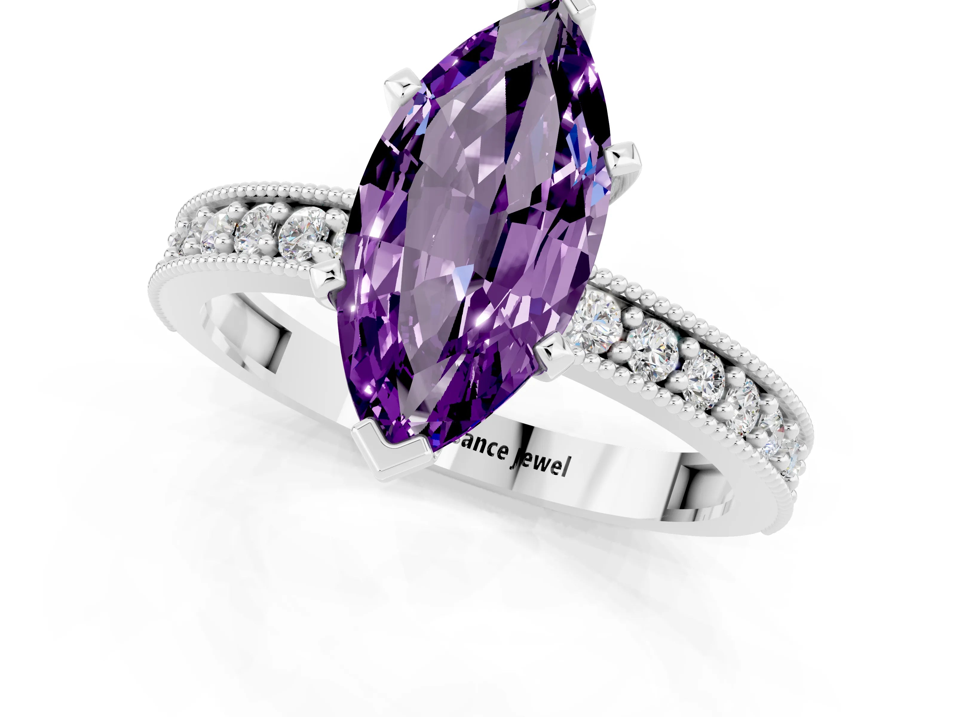 White gold Marquise Cut Amethyst Milgrain Pavé Engagement Ring with Four-Prong Setting_1