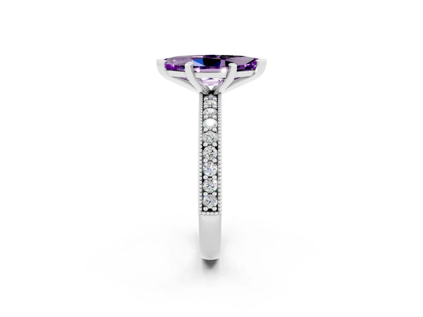White gold Marquise Cut Amethyst Milgrain Pavé Engagement Ring with Four-Prong Setting