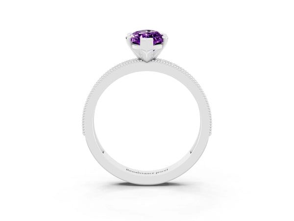 White gold Marquise Cut Amethyst Milgrain Pavé Engagement Ring with Four-Prong Setting