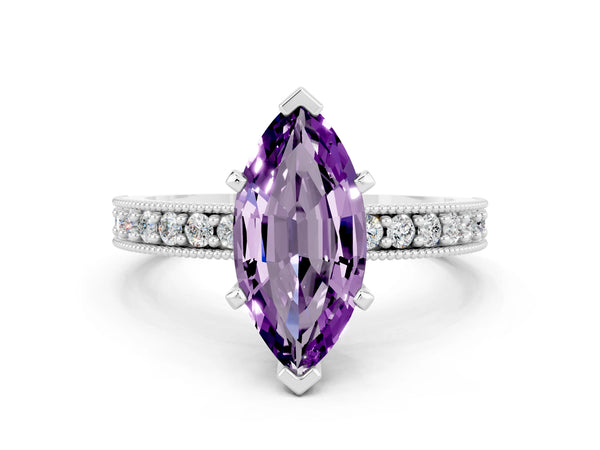 Silver Marquise Cut Amethyst Milgrain Pavé Engagement Ring with Four-Prong Setting