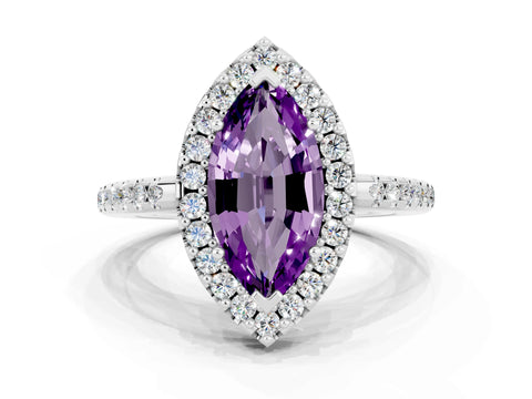 White gold Marquise Cut Amethyst Pavé Halo Ring with Four-Prong Setting_12