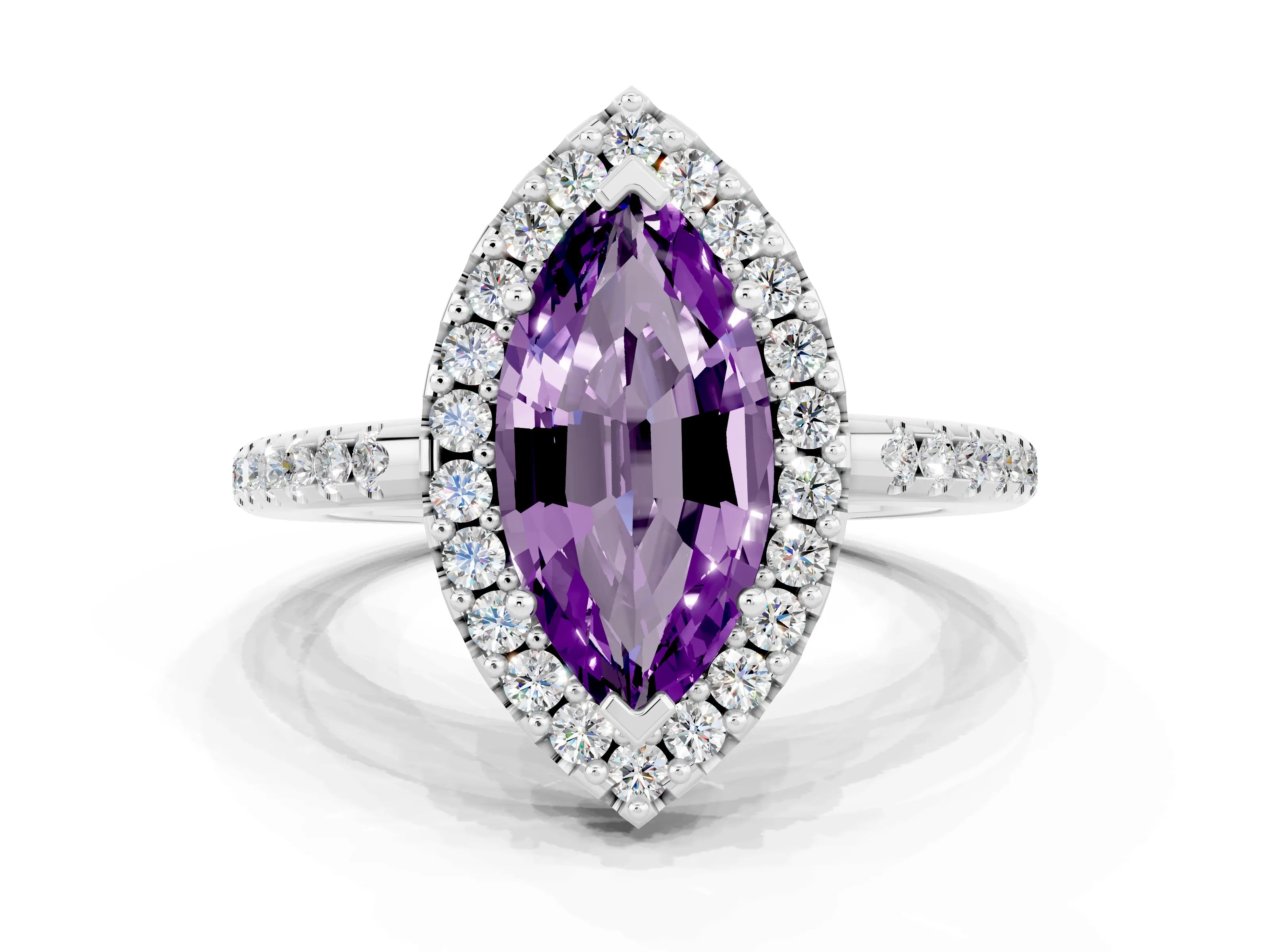 White gold Marquise Cut Amethyst Pavé Halo Ring with Four-Prong Setting_12