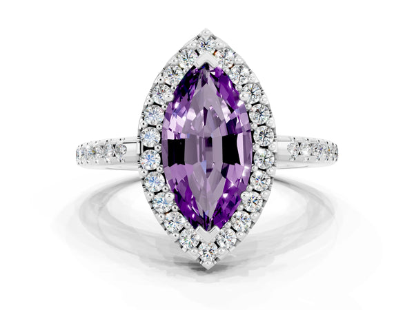 Silver Marquise Cut Amethyst Pavé Halo Ring with Four-Prong Setting