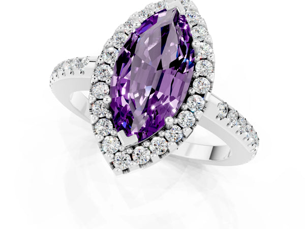 Platinum Marquise Cut Amethyst Pavé Halo Ring with Four-Prong Setting