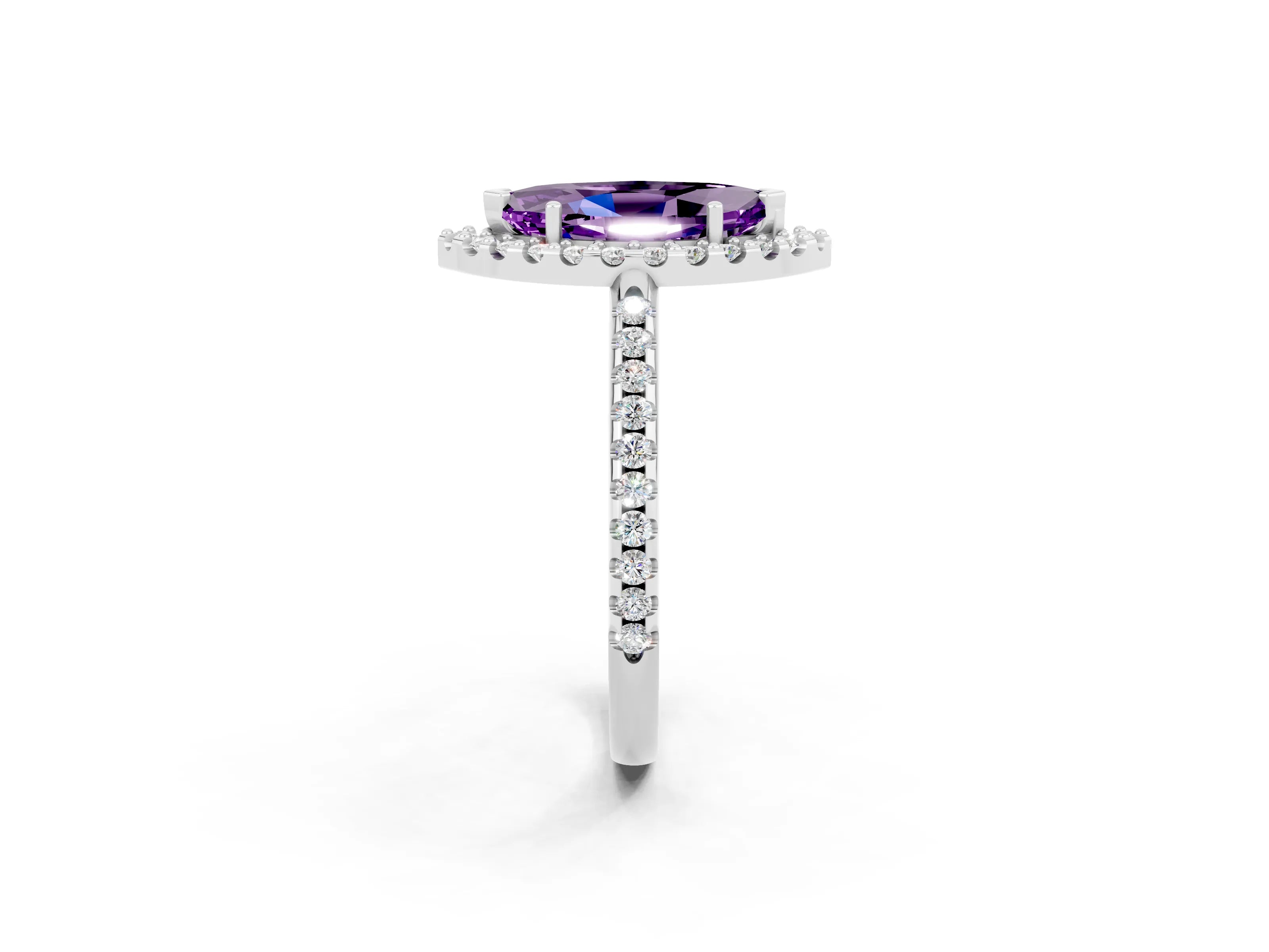 White gold Marquise Cut Amethyst Pavé Halo Ring with Four-Prong Setting_14