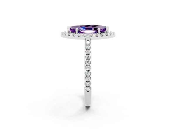 Silver Marquise Cut Amethyst Pavé Halo Ring with Four-Prong Setting