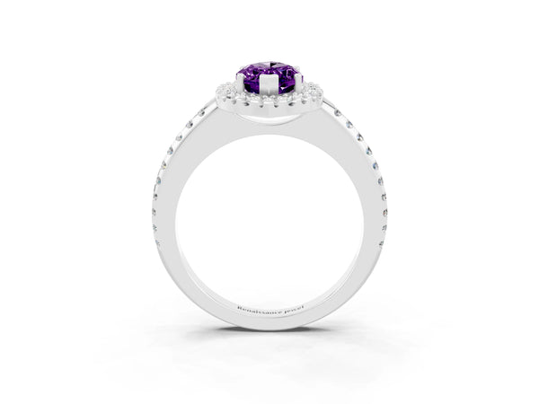 Platinum Marquise Cut Amethyst Pavé Halo Ring with Four-Prong Setting