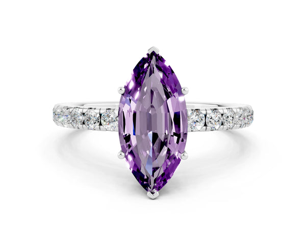 Platinum Marquise Cut Amethyst Pavé Solitaire Engagement Ring with Four-Prong Setting