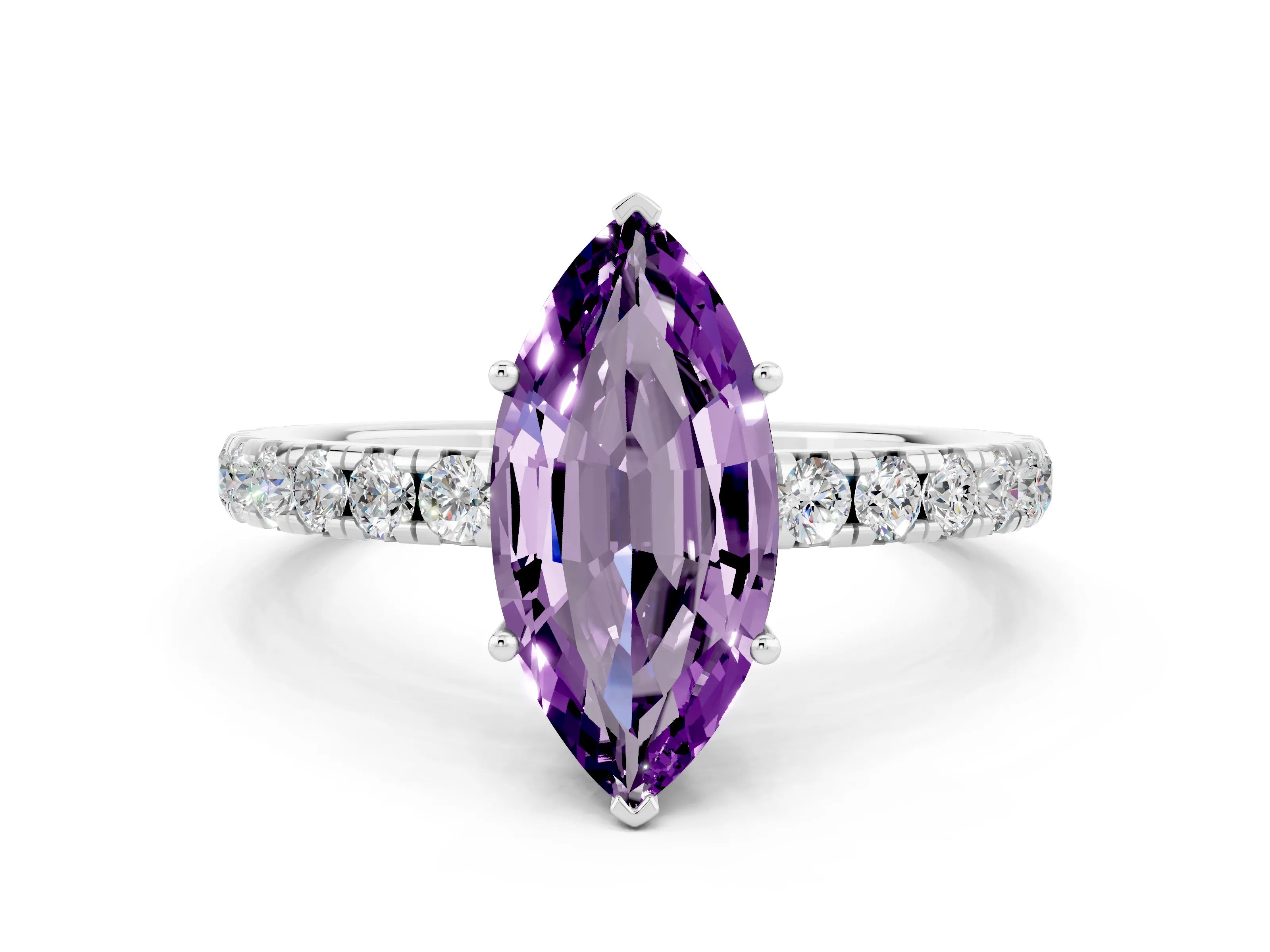 White gold Marquise Cut Amethyst Pavé Solitaire Engagement Ring with Four-Prong Setting_12