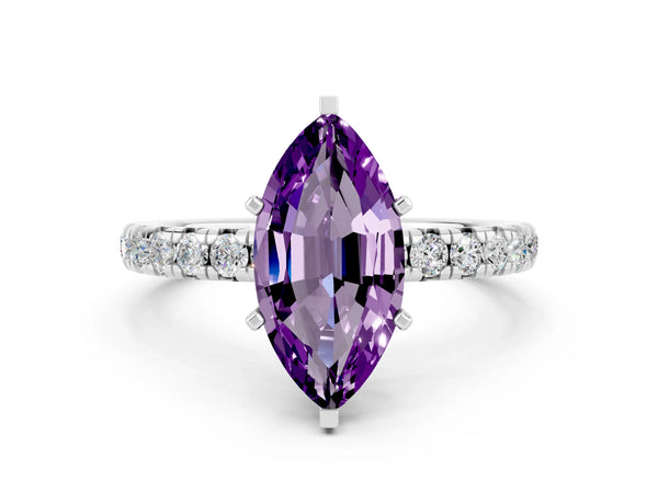 Silver Marquise Cut Amethyst Pavé Solitaire Ring with Round Band and Prong Setting