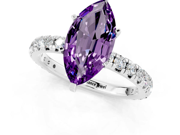 Silver Marquise Cut Amethyst Pavé Solitaire Ring with Round Band and Prong Setting