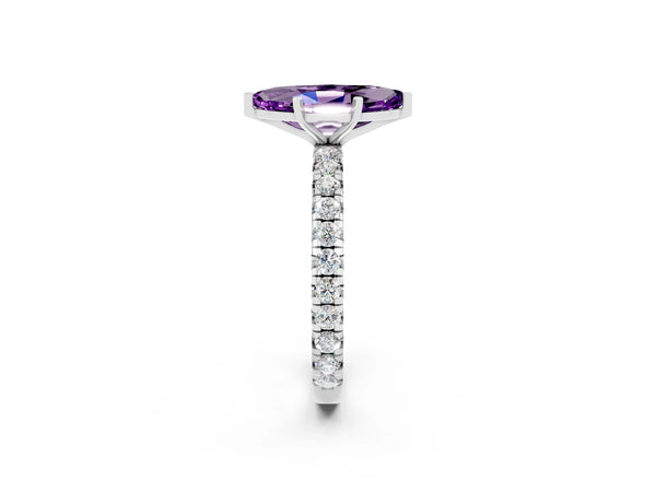 Silver Marquise Cut Amethyst Pavé Solitaire Ring with Round Band and Prong Setting