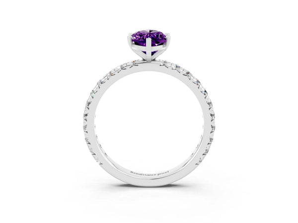Silver Marquise Cut Amethyst Pavé Solitaire Ring with Round Band and Prong Setting