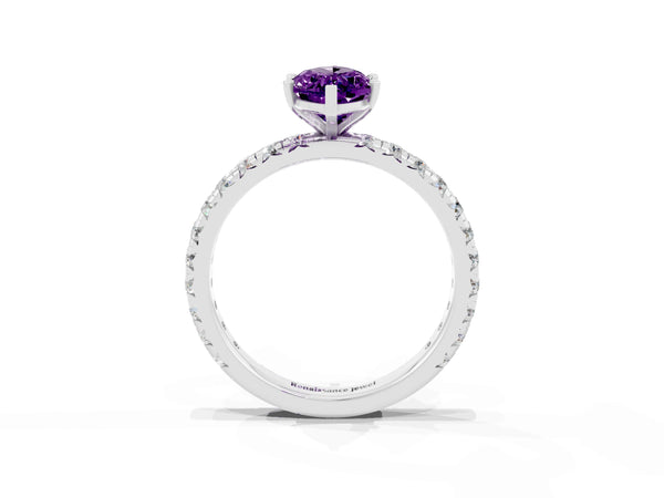 White Gold Marquise Amethyst Solitaire Engagement Ring with Shared Prong Pave Band