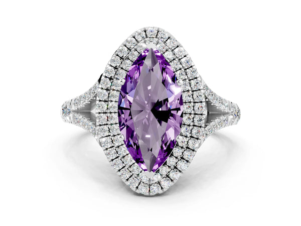 Platinum Marquise Cut Amethyst Pavé Split Shank Double Halo Engagement Ring