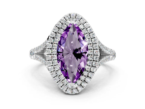 White gold Marquise Cut Amethyst Pavé Split Shank Double Halo Engagement Ring