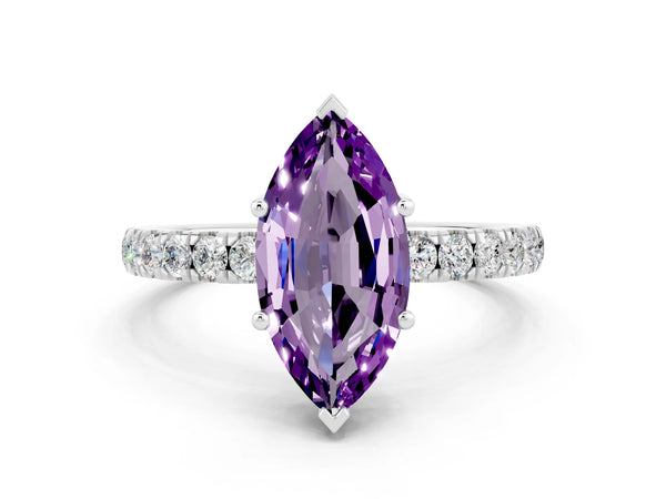 Platinum Marquise Cut Amethyst Pave Band Solitaire Ring with Four-Prong Setting
