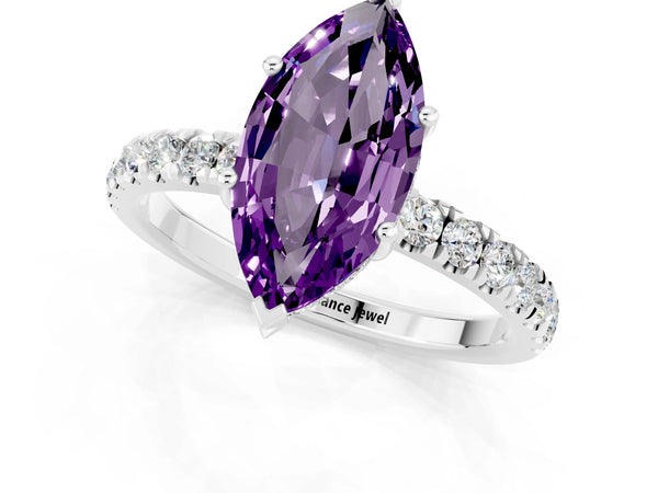 Platinum Marquise Cut Amethyst Pave Band Solitaire Ring with Four-Prong Setting