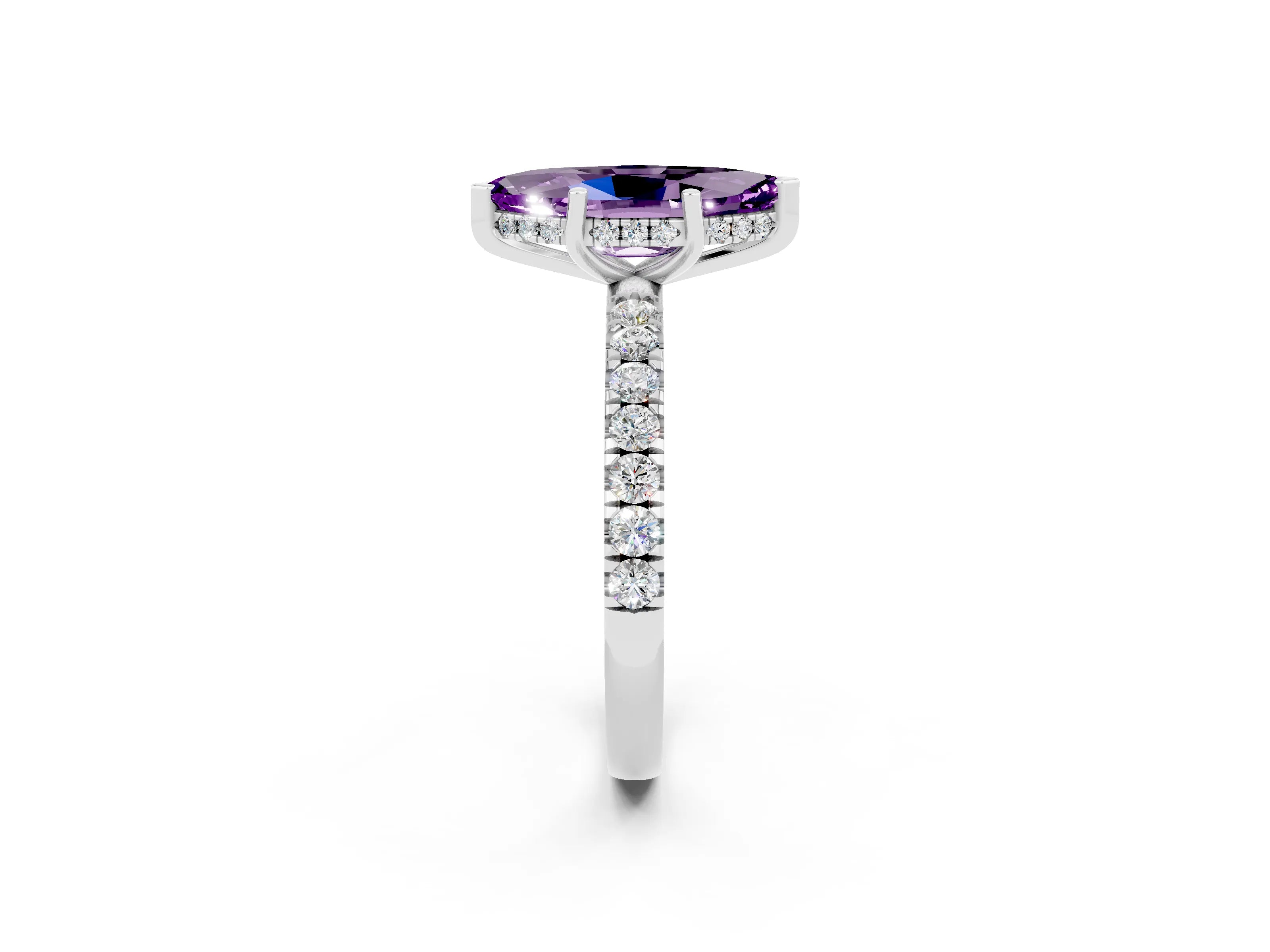 White gold Marquise Cut Amethyst Pave Band Solitaire Ring with Four-Prong Setting_26