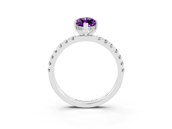 Platinum Marquise Cut Amethyst Pave Band Solitaire Ring with Four-Prong Setting