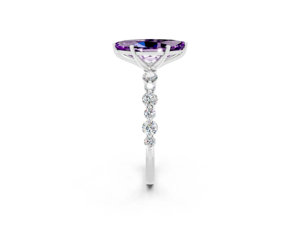 Silver Marquise Cut Amethyst Prong Set Engagement Ring with Pavé Band
