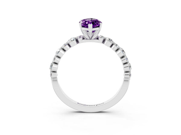 Platinum Marquise Cut Amethyst Prong Set Engagement Ring with Pavé Band