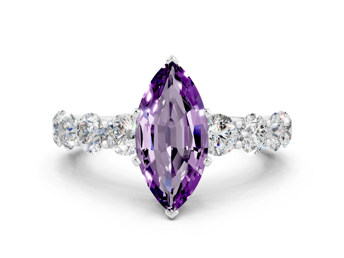 White gold Marquise Cut Amethyst Prong Setting with Side Stones on a Pave Band